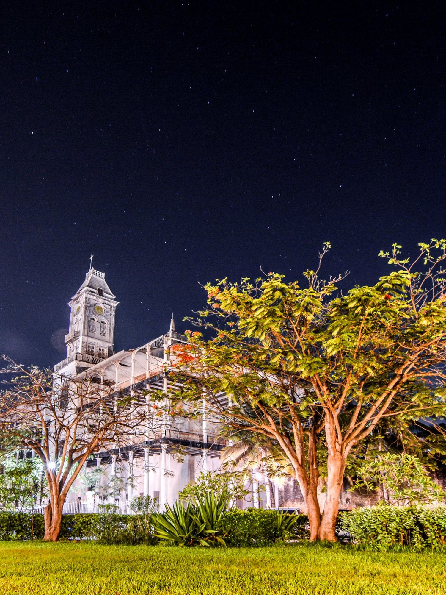 House of wonders building at night with trees and grass in stone town